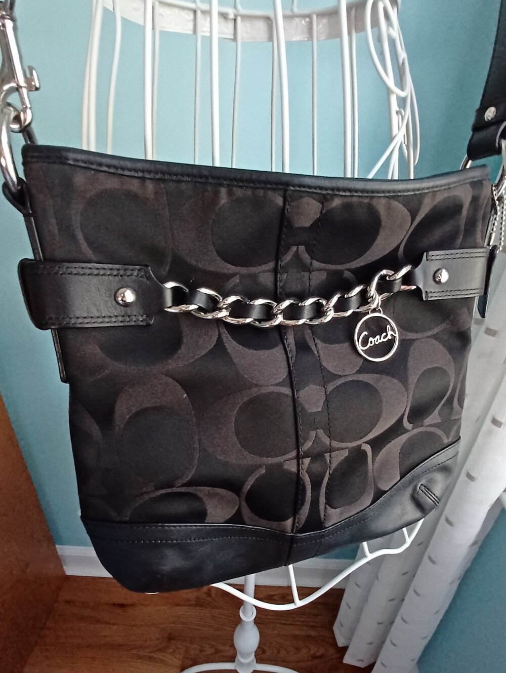 Coach Signature Black Fabric Crossbody Handbag with Silver Chain Accent